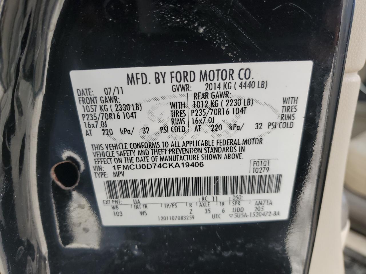 2012 Ford Escape VIN 1FMCU0D74CKA19406 Copart auction photo, side / front end damage thumbnail 14