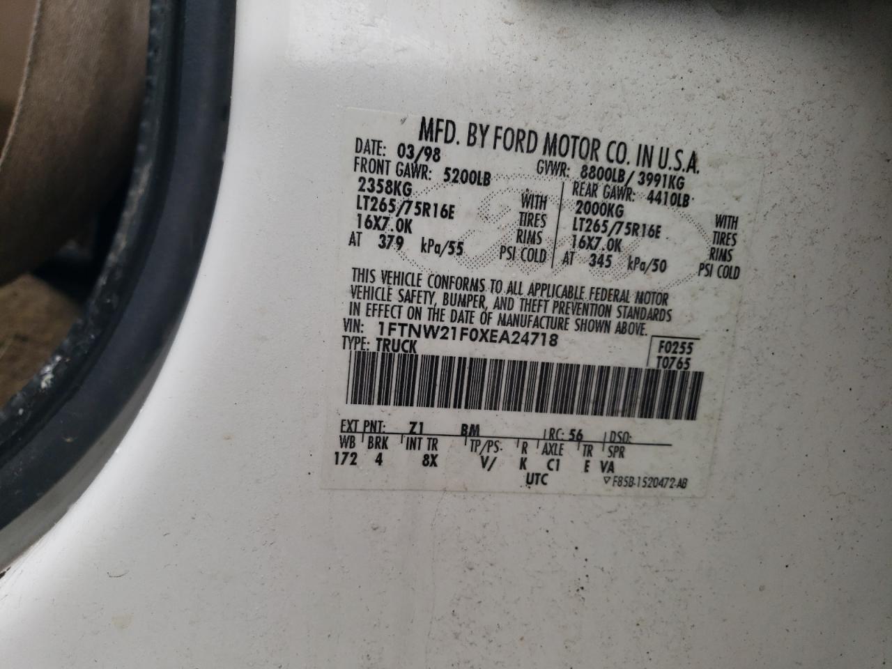 1999 Ford F250 VIN 1FTNW21F0XEA24718 Copart auction photo, all over damage thumbnail 12