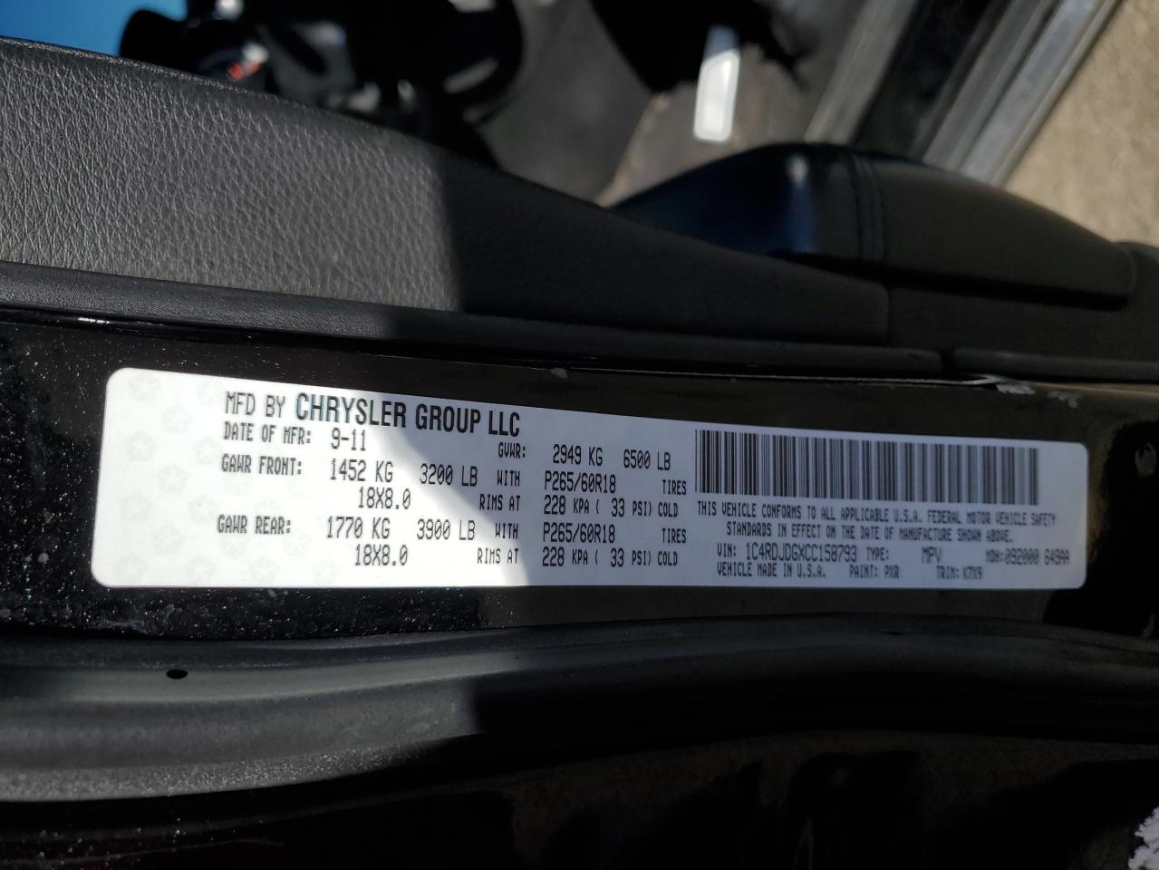 2012 Dodge Durango VIN 1C4RDJDGXCC158793 Copart auction photo, front end / rear end damage thumbnail 13