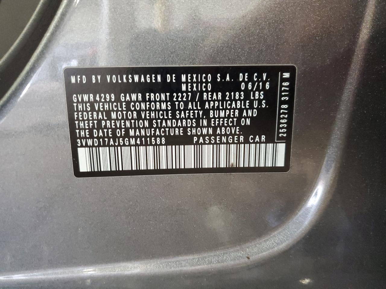 2016 Volkswagen Jetta VIN 3VWD17AJ5GM411588 Copart auction photo, front end damage thumbnail 12