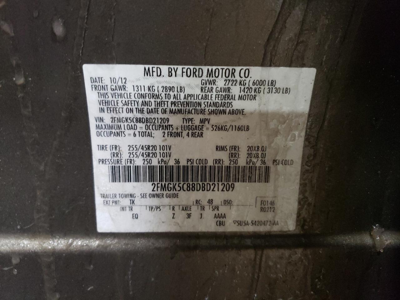 2013 Ford Flex VIN 2FMGK5C88DBD21209 Copart auction photo, vandalism / front end damage thumbnail 12
