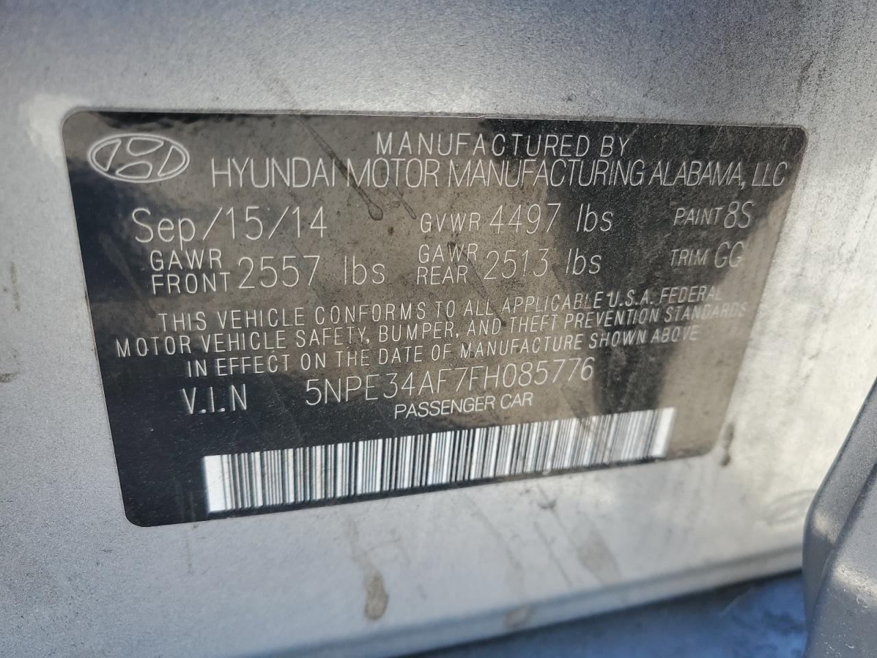2015 Hyundai Sonata VIN 5NPE34AF7FH085776 Copart auction photo, front end / side damage thumbnail 14