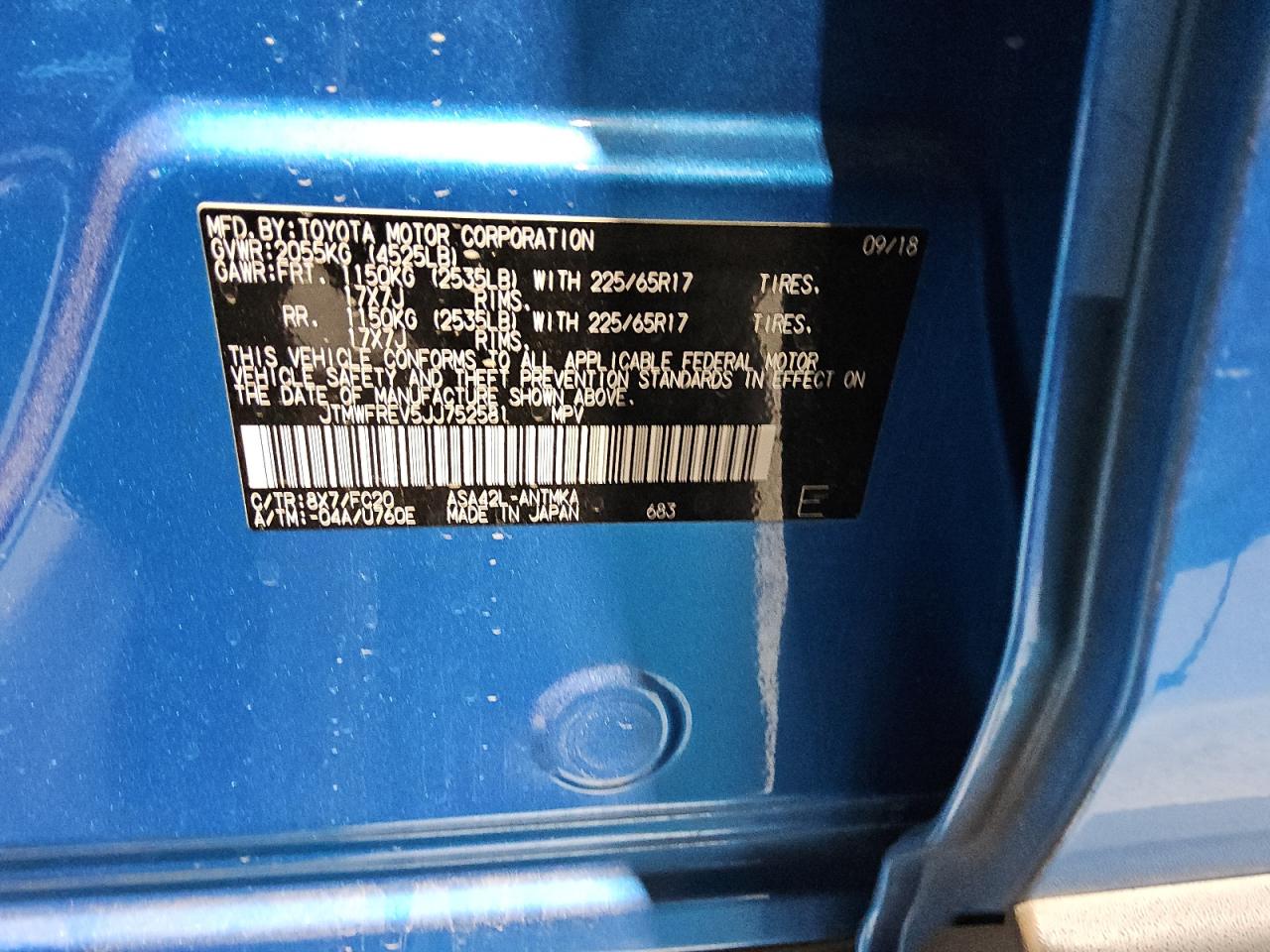 2018 Toyota RAV 4 VIN JTMWFREV5JJ752581 Copart auction photo, front end damage thumbnail 13