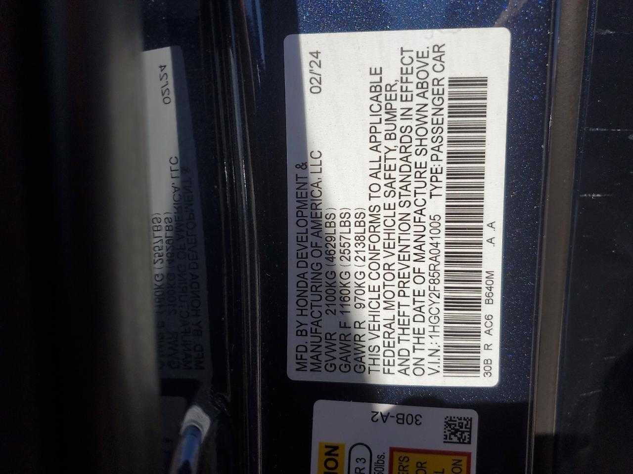 2024 Honda Accord VIN 1HGCY2F85RA041005 Copart auction photo, all over damage thumbnail 14