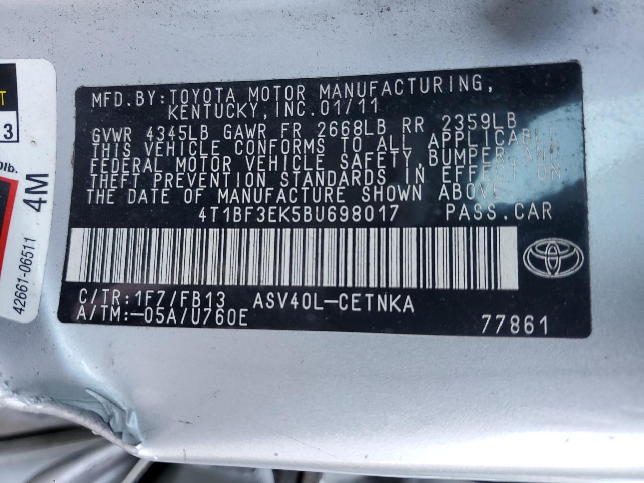 2011 Toyota Camry VIN 4T1BF3EK5BU698017 Copart auction photo, side damage thumbnail 12