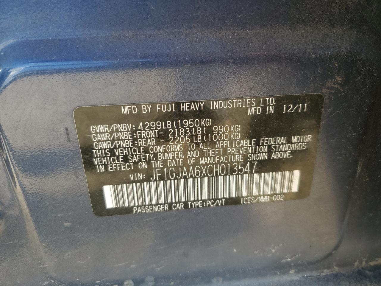 2012 Subaru Impreza VIN JF1GJAA6XCH013547 Copart auction photo, rear end / front end damage thumbnail 12