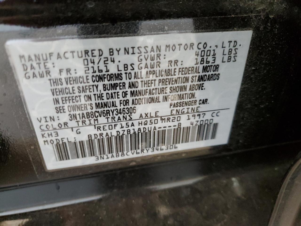 2024 Nissan Sentra VIN 3N1AB8CV6RY346306 Copart auction photo, side damage thumbnail 12