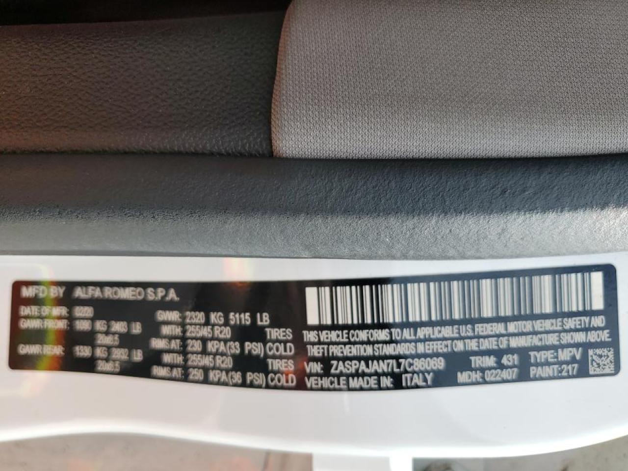 2020 Alfa Romeo Stelvio VIN ZASPAJAN7L7C86069 Copart auction photo, front end damage thumbnail 12
