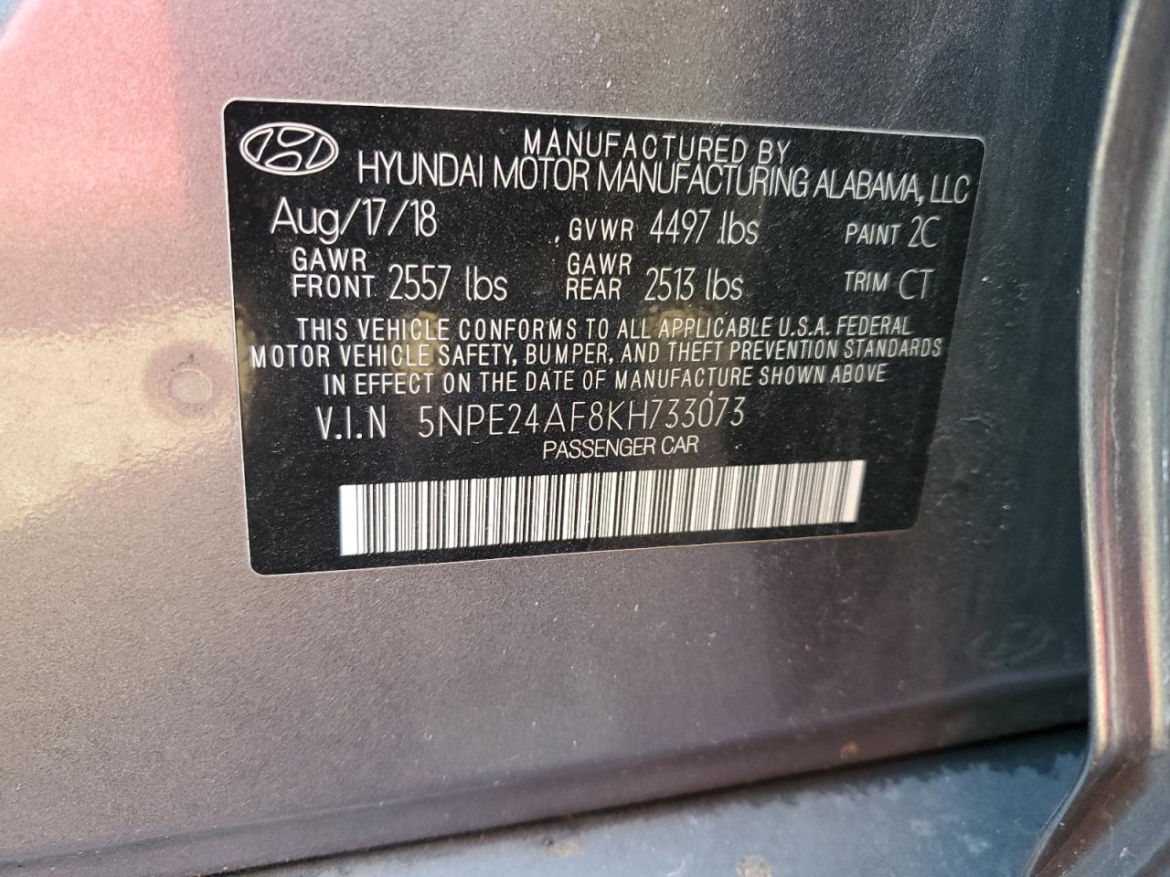 2019 Hyundai Sonata VIN 5NPE24AF8KH733073 Copart auction photo, front end / undercarriage damage thumbnail 12
