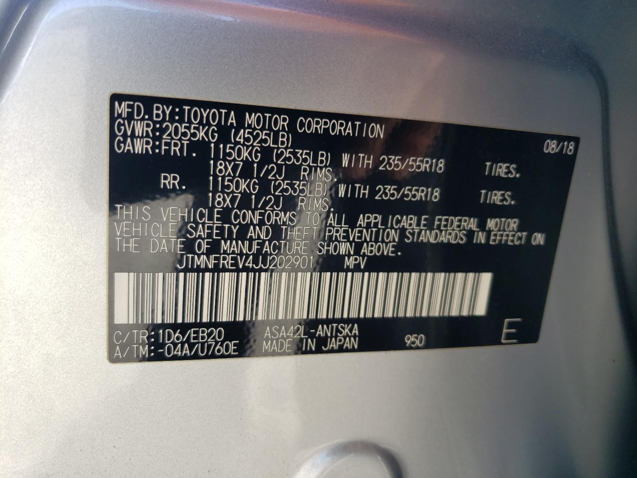 2018 Toyota RAV 4 VIN JTMNFREV4JJ202901 Copart auction photo, rear end damage thumbnail 13