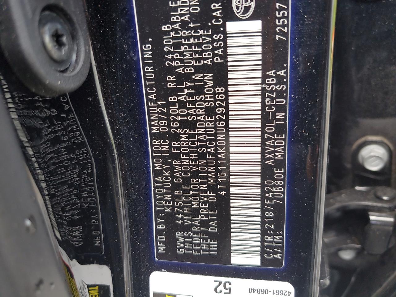 2022 Toyota Camry VIN 4T1G11AK0NU629268 Copart auction photo, water/flood damage thumbnail 13