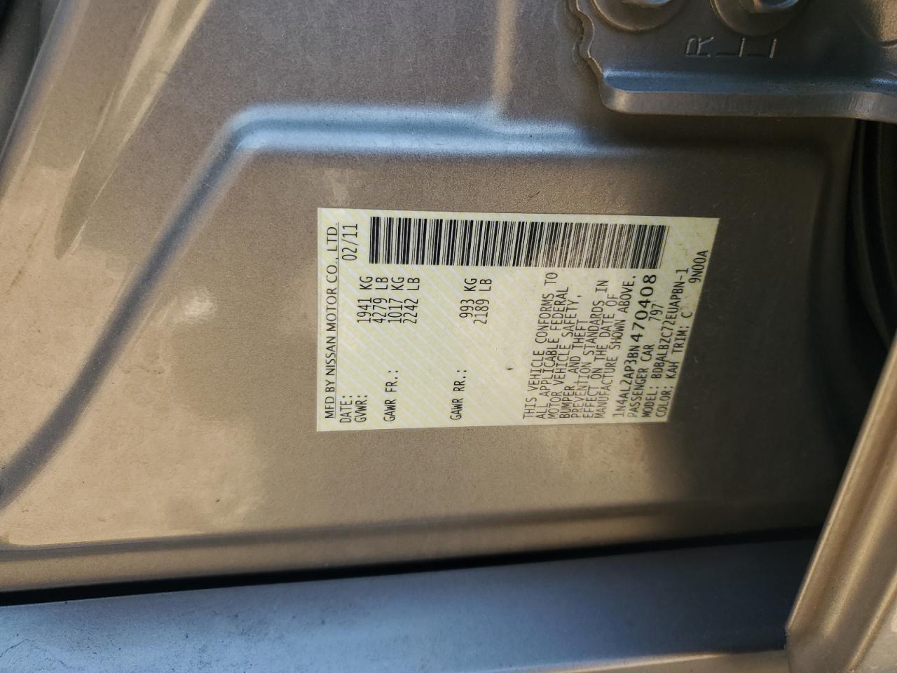 2011 Nissan Altima VIN 1N4AL2AP3BN470408 Copart auction photo, rear end damage thumbnail 12