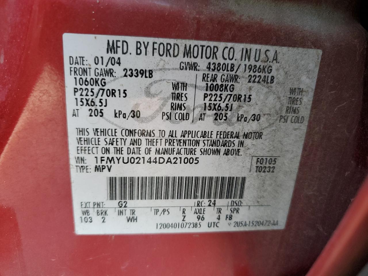 2004 Ford Escape VIN 1FMYU02144DA21005 Copart auction photo, rear end damage thumbnail 14