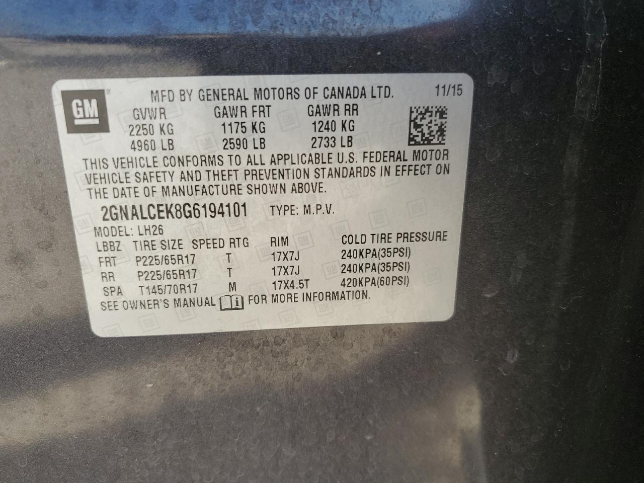2016 Chevrolet Equinox VIN 2GNALCEK8G6194101 Copart auction photo, front end / side damage thumbnail 15