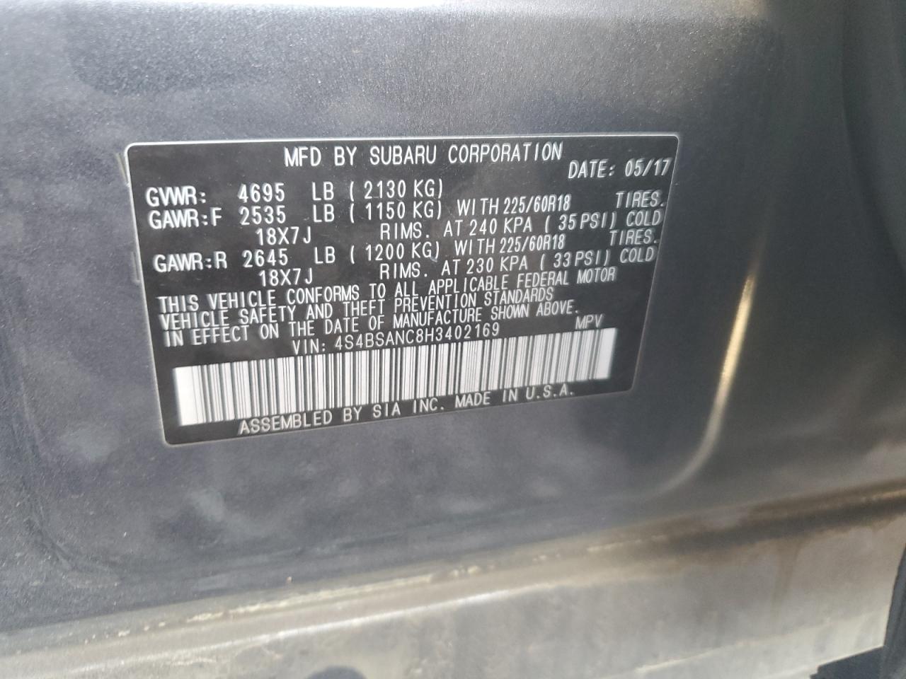 2017 Subaru Outback VIN 4S4BSANC8H3402169 Copart auction photo, front end / undercarriage damage thumbnail 15