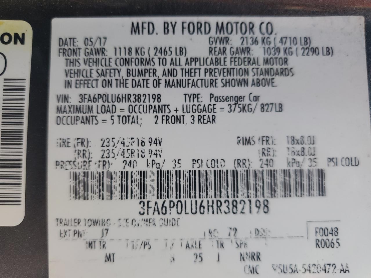 2017 Ford Fusion VIN 3FA6P0LU6HR382198 Copart auction photo, side / rear end damage thumbnail 12