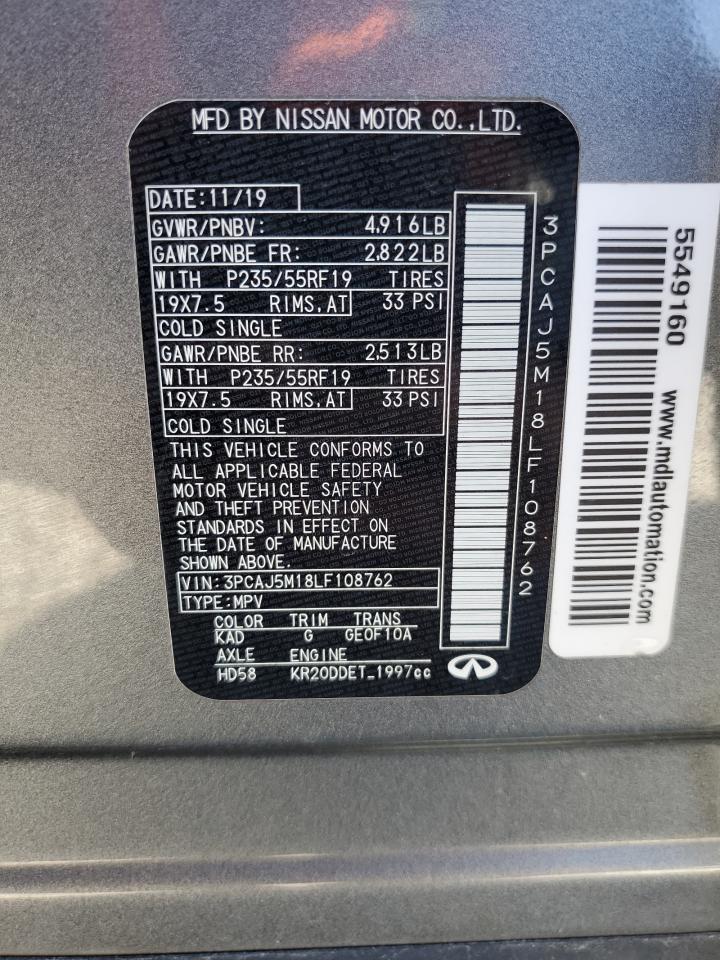 2020 Infiniti QX50 VIN 3PCAJ5M18LF108762 Copart auction photo, vandalism / minor dent/scratches damage thumbnail 13