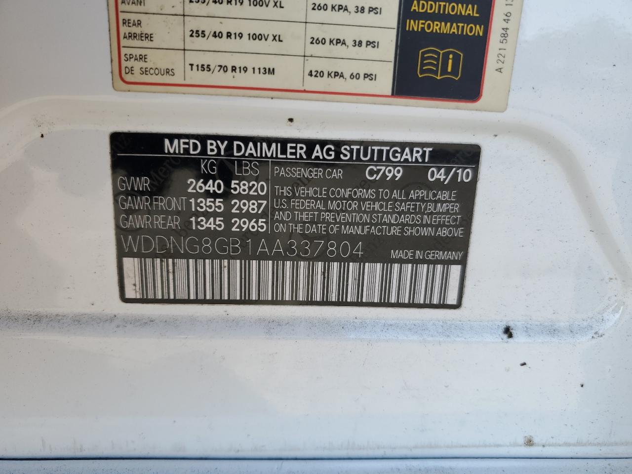 2010 Mercedes-Benz S-klasse VIN WDDNG8GB1AA337804 Copart auction photo, rear end / front end damage thumbnail 12