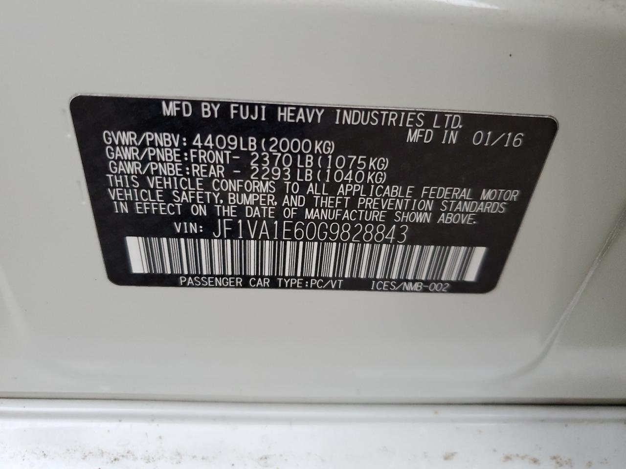 2016 Subaru WRX VIN JF1VA1E60G9828843 Copart auction photo, front end damage thumbnail 12