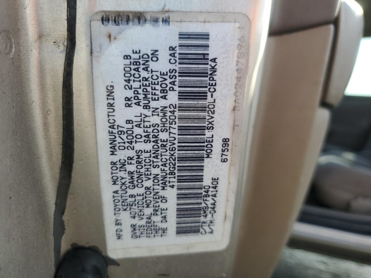 1997 Toyota Camry VIN 4T1BG22K6VU775042 Copart auction photo, front end damage thumbnail 12