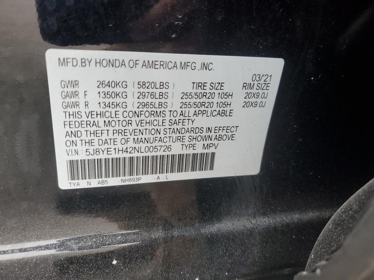 2022 Acura MDX VIN 5J8YE1H42NL005726 Copart auction photo, front end damage thumbnail 13