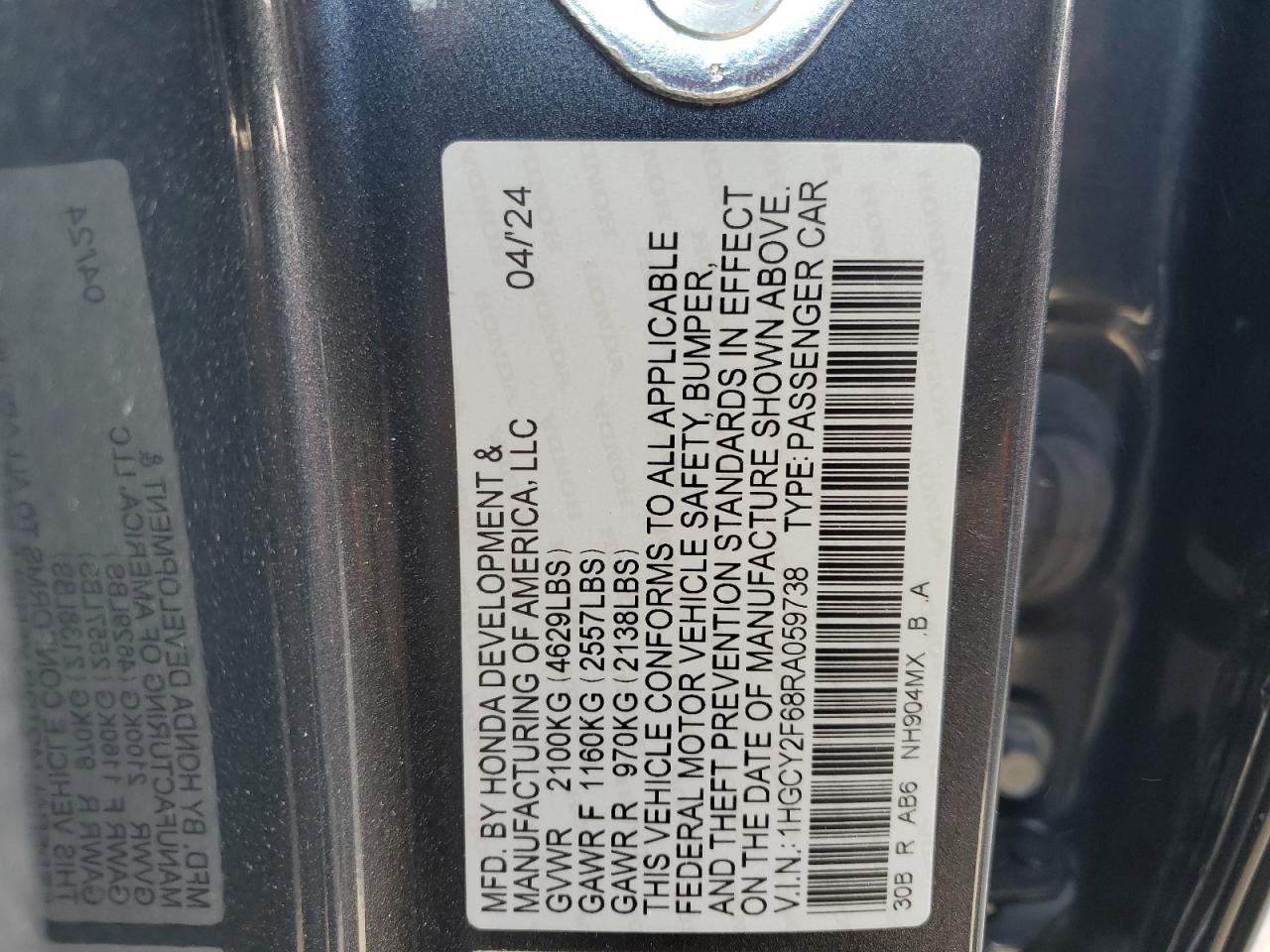 2024 Honda Accord VIN 1HGCY2F68RA059738 Copart auction photo, front end damage thumbnail 14