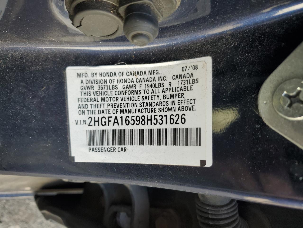 2008 Honda Civic VIN 2HGFA16598H531626 Copart auction photo, rear end / front end damage thumbnail 12