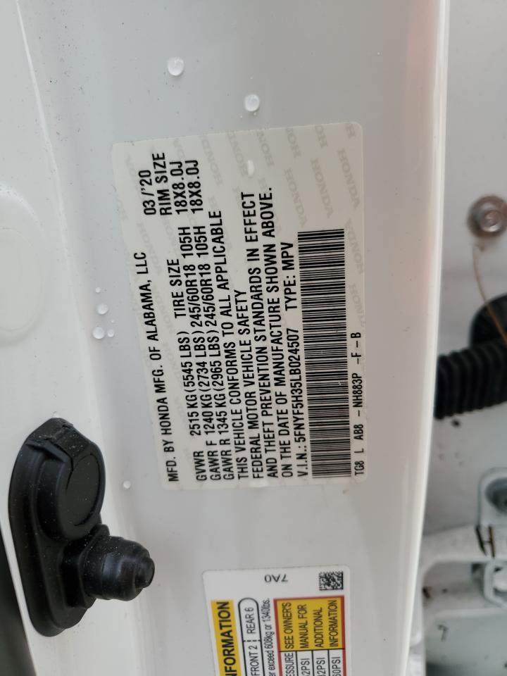 2020 Honda Pilot VIN 5FNYF5H35LB024507 Copart auction photo, water/flood damage thumbnail 14