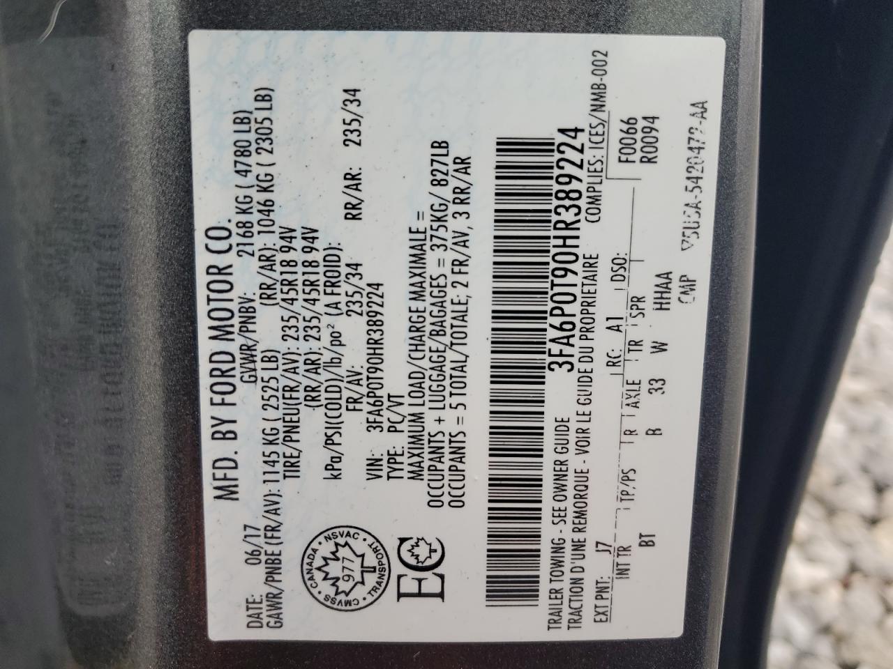 2017 Ford Fusion VIN 3FA6P0T90HR389224 Copart auction photo, front end damage thumbnail 14