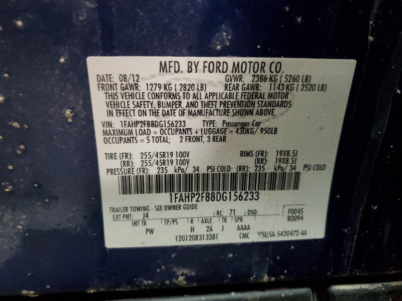 2013 Ford Taurus VIN 1FAHP2F88DG156233 Copart auction photo, front end / rear end damage thumbnail 12