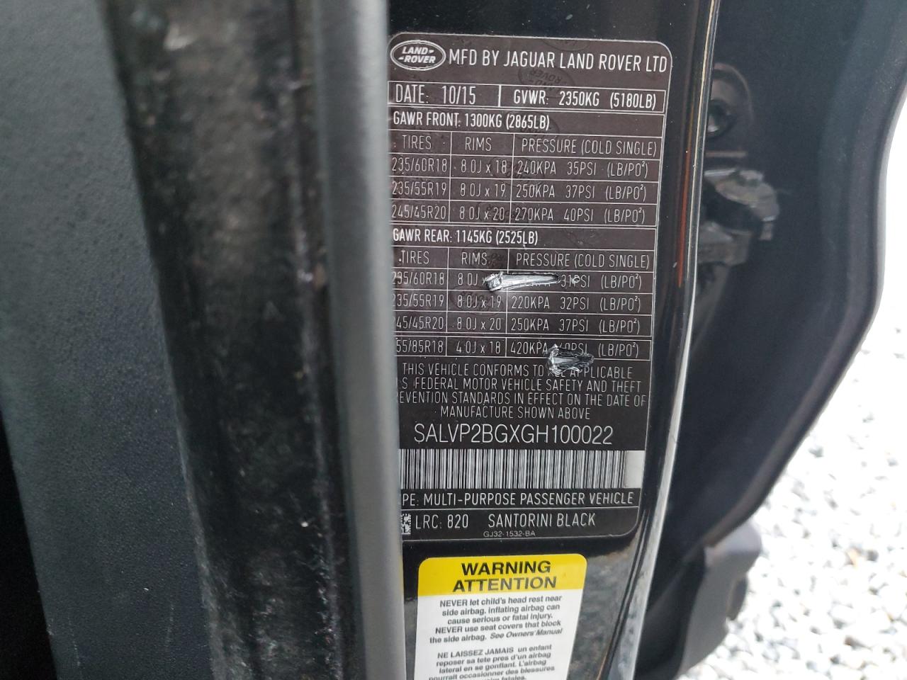 2016 Land Rover Range Rover VIN SALVP2BGXGH100022 Copart auction photo, water/flood damage thumbnail 14