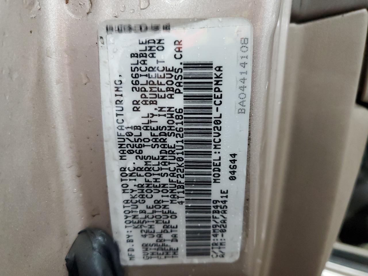2001 Toyota Camry VIN 4T1BF22K01U126186 Copart auction photo, front end damage thumbnail 13