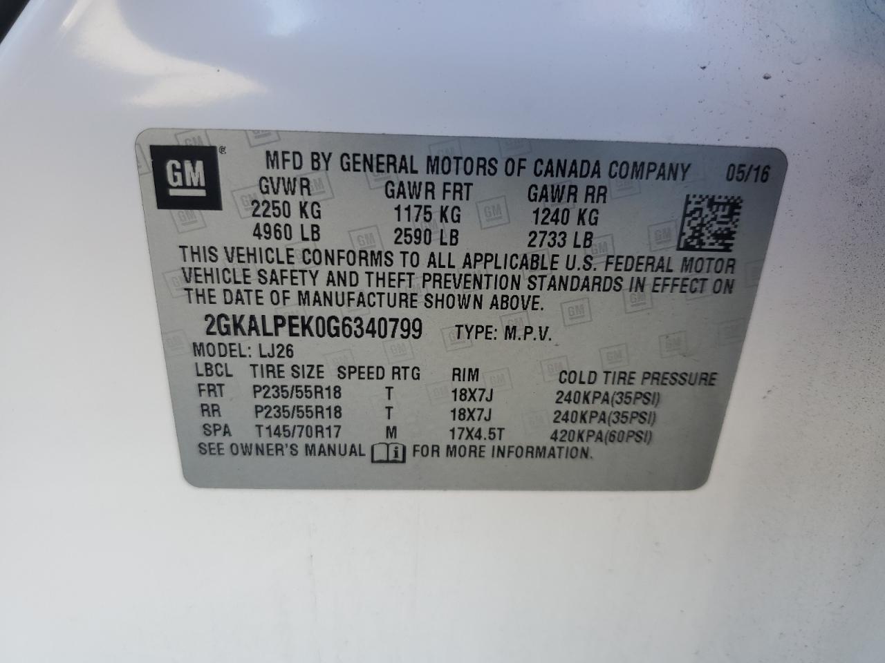2016 GMC Terrain VIN 2GKALPEK0G6340799 Copart auction photo, rear end / front end damage thumbnail 13