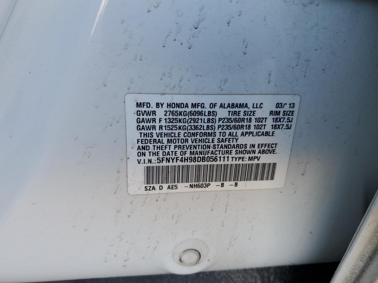 2013 Honda Pilot VIN 5FNYF4H98DB056111 Copart auction photo, all over damage thumbnail 13