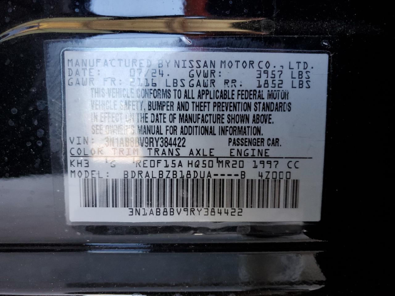 2024 Nissan Sentra VIN 3N1AB8BV9RY384422 Copart auction photo, all over damage thumbnail 14
