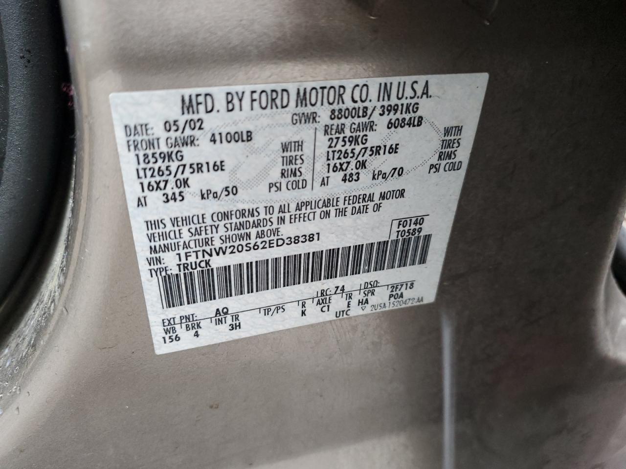 2002 Ford F250 VIN 1FTNW20S62ED38381 Copart auction photo, vandalism / side damage thumbnail 14