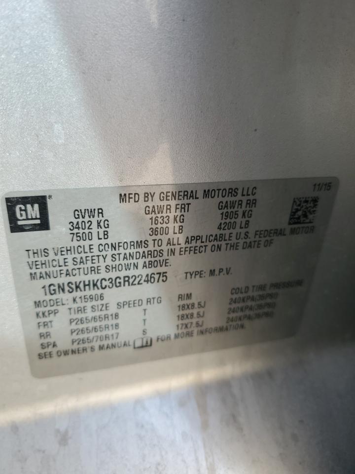 2016 Chevrolet Suburban VIN 1GNSKHKC3GR224675 Copart auction photo, front end / rear end damage thumbnail 16