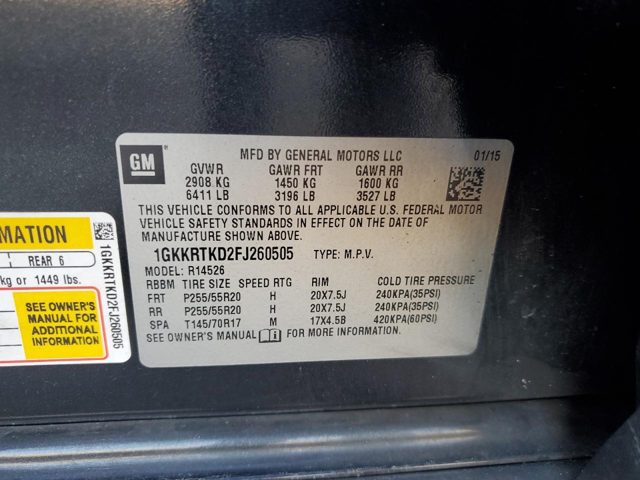 2015 GMC Acadia VIN 1GKKRTKD2FJ260505 Copart auction photo, water/flood damage thumbnail 14