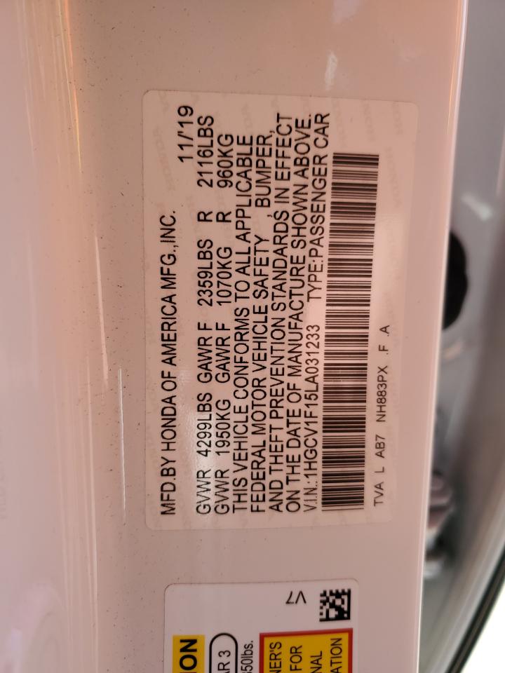 2020 Honda Accord VIN 1HGCV1F15LA031233 Copart auction photo, side / front end damage thumbnail 12
