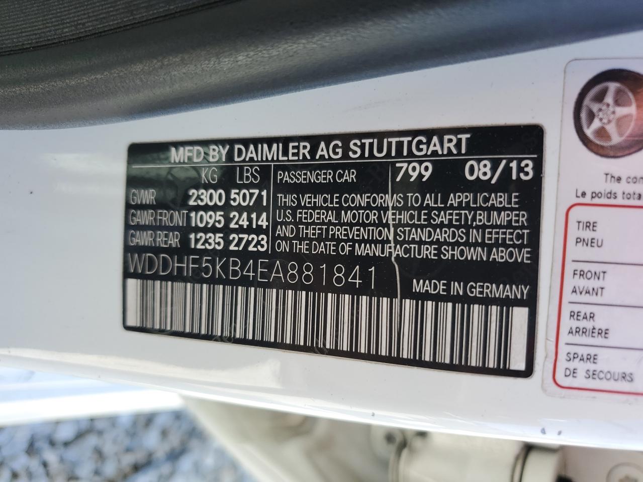2014 Mercedes-Benz E-klasse VIN WDDHF5KB4EA881841 Copart auction photo, side / front end damage thumbnail 13