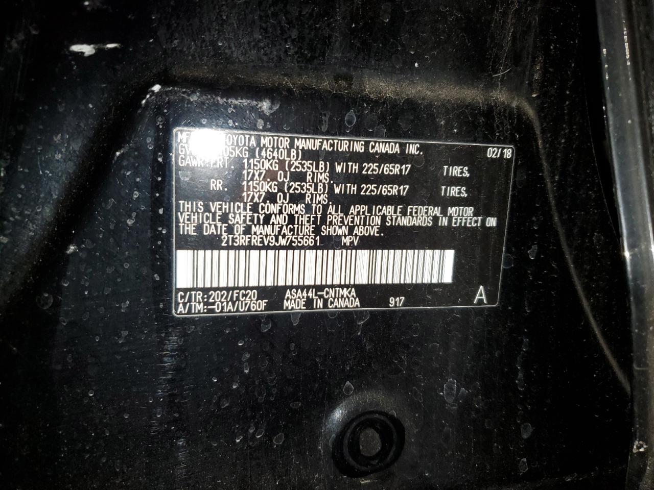 2018 Toyota RAV 4 VIN 2T3RFREV9JW755661 Copart auction photo, front end damage thumbnail 14