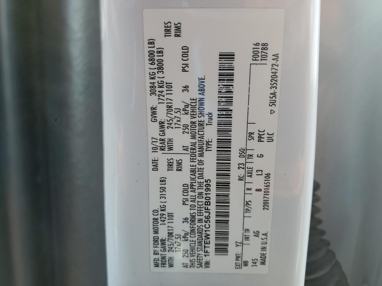 2018 Ford F-150 VIN 1FTEW1C56JFB01995 Copart auction photo, front end / mechanical damage thumbnail 13