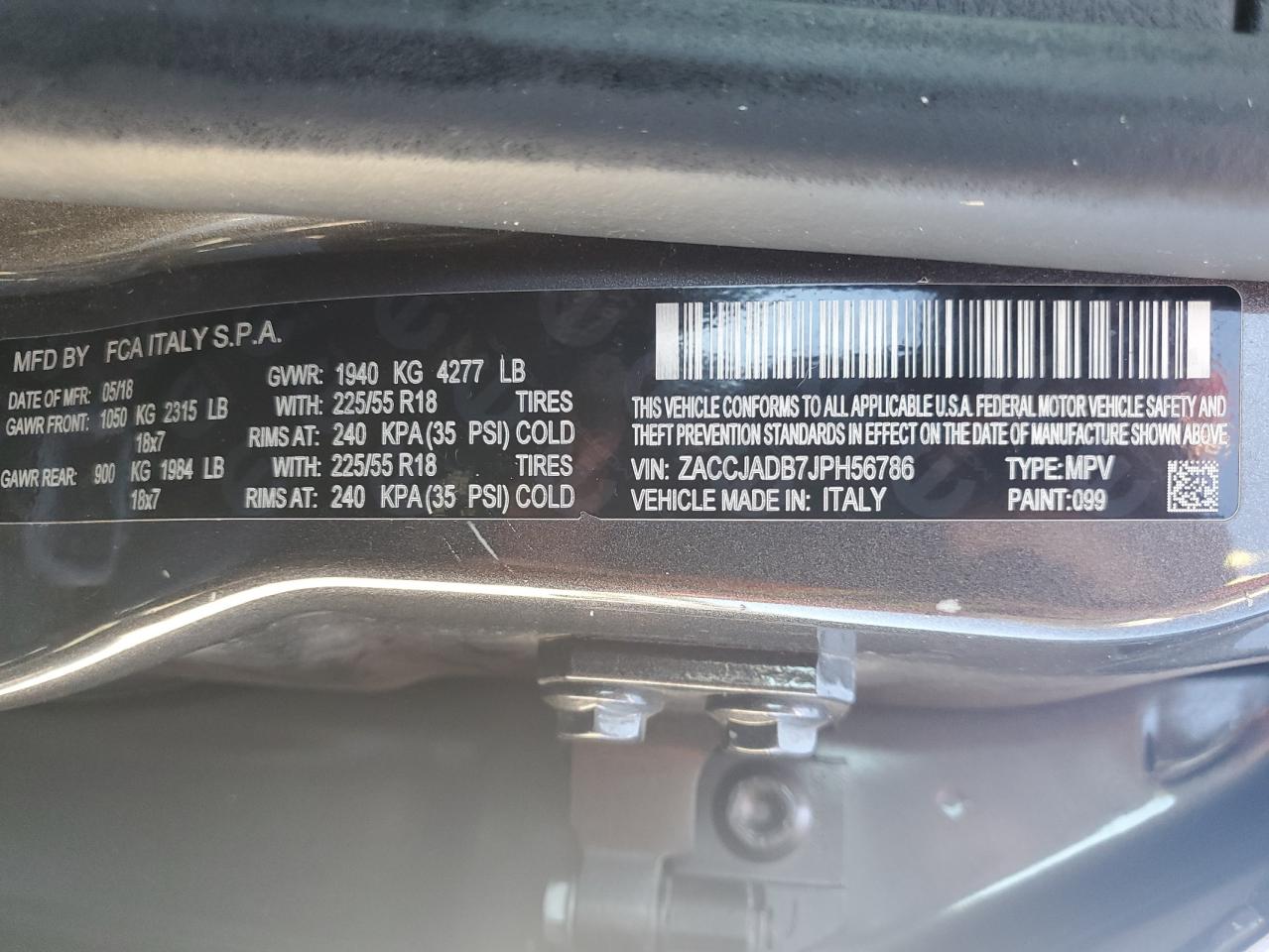 2018 Jeep Renegade VIN ZACCJADB7JPH56786 Copart auction photo, minor dent/scratches damage thumbnail 12