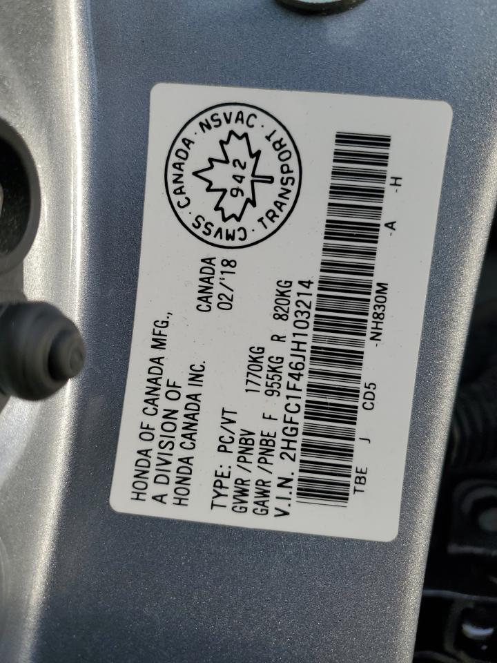 2018 Honda Civic VIN 2HGFC1F46JH103214 Copart auction photo, side / front end damage thumbnail 12