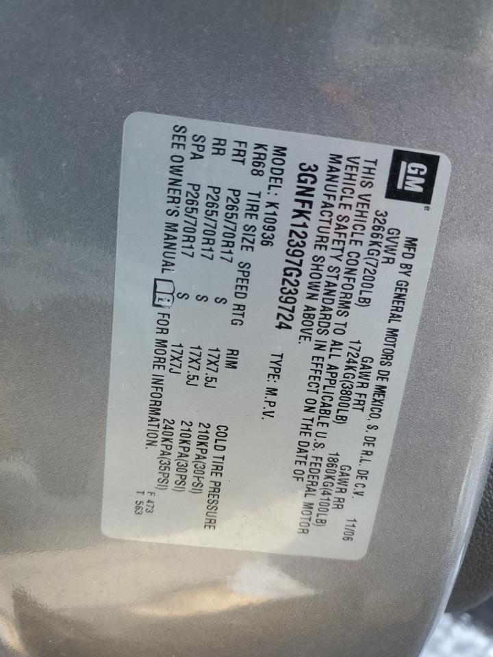 2007 Chevrolet Avalanche VIN 3GNFK12397G239724 Copart auction photo, rear end / all over damage thumbnail 12