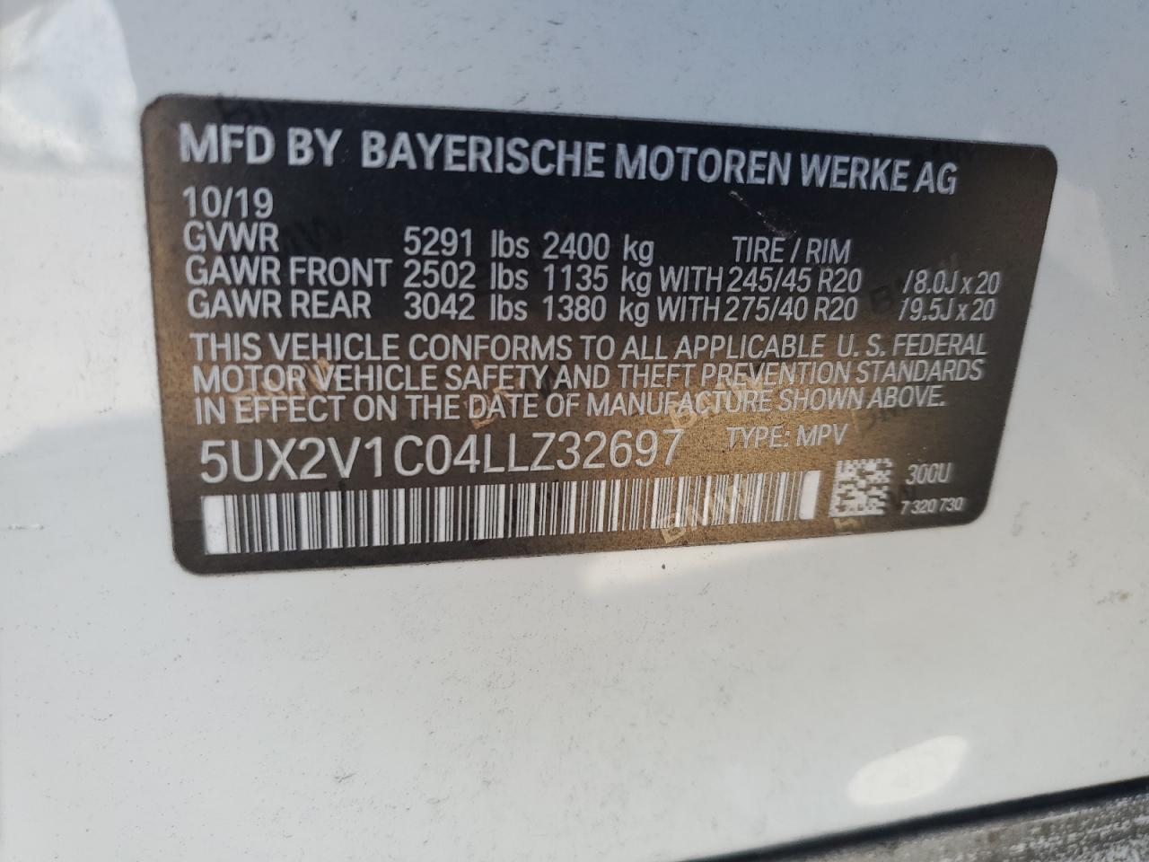 2020 BMW X4 VIN 5UX2V1C04LLZ32697 Copart auction photo, rear end damage thumbnail 13
