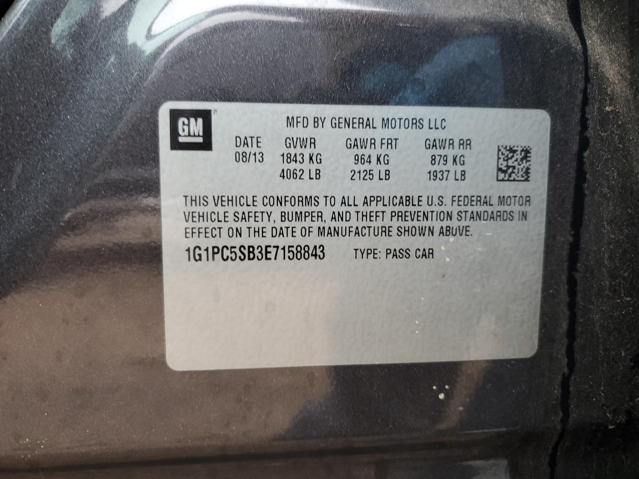 2014 Chevrolet Cruze VIN 1G1PC5SB3E7158843 Copart auction photo, front end / side damage thumbnail 14