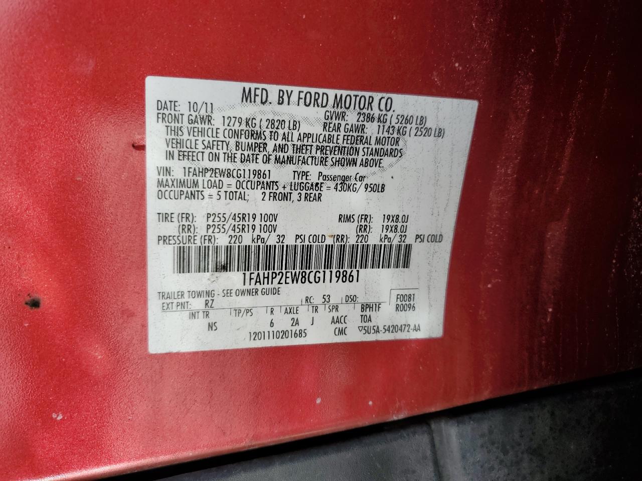 2012 Ford Taurus VIN 1FAHP2EW8CG119861 Copart auction photo, rear end damage thumbnail 12