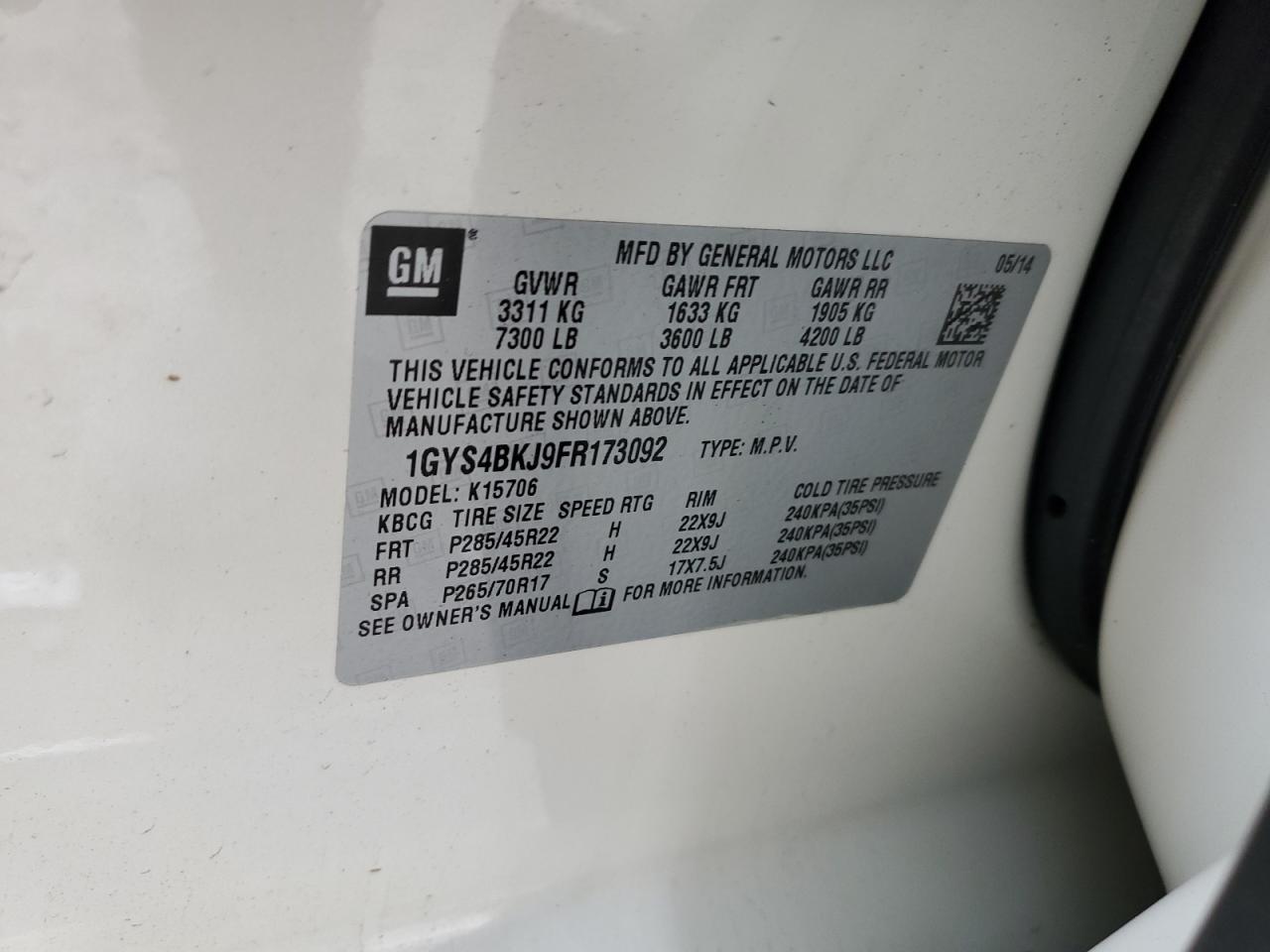 2015 Cadillac Escalade VIN 1GYS4BKJ9FR173092 Copart auction photo, rollover damage thumbnail 14