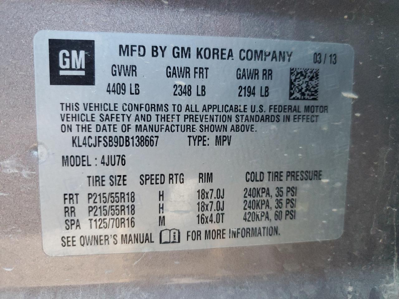 2013 Buick Encore VIN KL4CJFSB9DB138667 Copart auction photo, front end / side damage thumbnail 13
